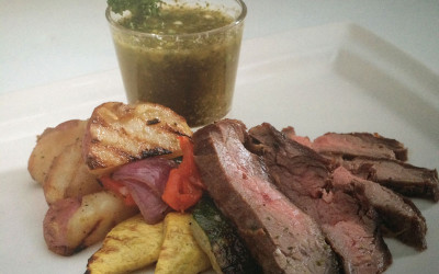 Flame-Grilled Flank Steak with Grilled Vegetables and Chimichurri Sauce