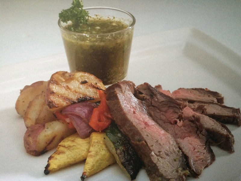 Flame-Grilled Flank Steak with Grilled Vegetables and Chimichurri Sauce