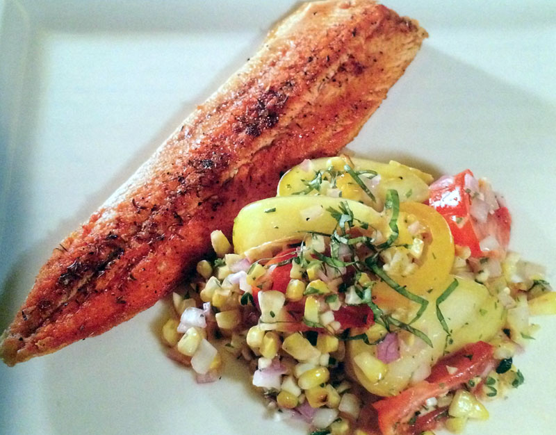 Pan-Seared Trout with Grilled Corn and Tomato Salad